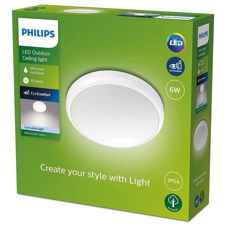 PHILIPS Plafonnier DORIS - 6W - 4000 Kelvin - IP54 - Blanc