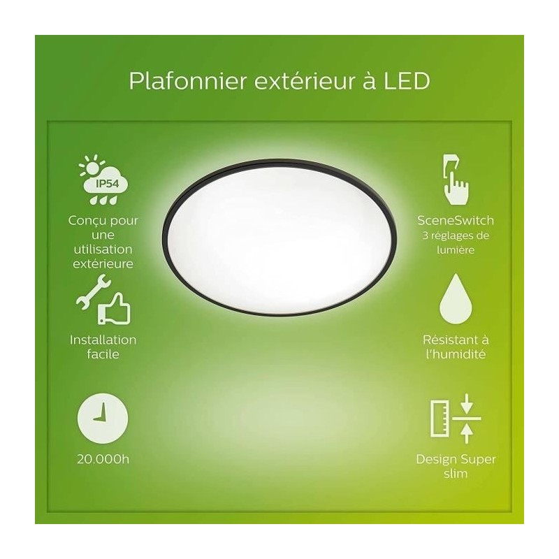 PHILIPS Plafonnier LED SUPERSLIM - 15W - IP54 - Noir