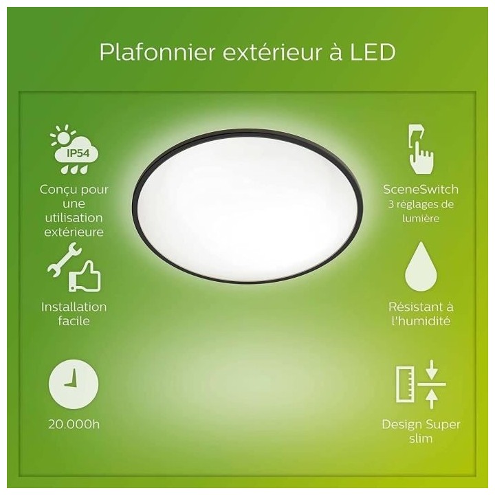 PHILIPS Plafonnier LED SUPERSLIM - 15W - IP54 - Noir