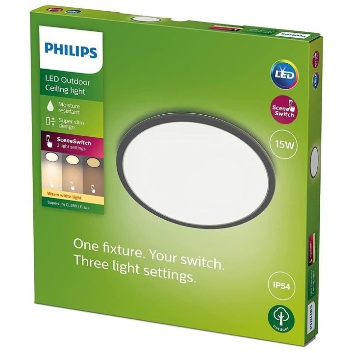 PHILIPS Plafonnier LED SUPERSLIM - 15W - IP54 - Noir