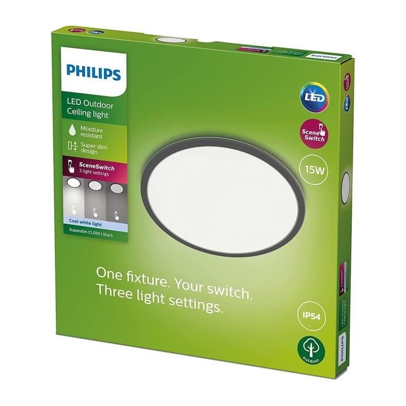 PHILIPS Plafonnier LED SUPERSLIM - 15W - 4000 Kelvin - IP54 - Noir