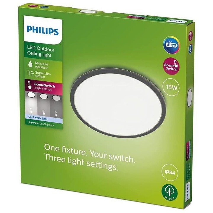 PHILIPS Plafonnier LED SUPERSLIM - 15W - 4000 Kelvin - IP54 - Noir