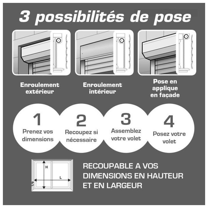 Volet roulant H220 cm x L120 cm Aluminium recoupable en largeur et hau