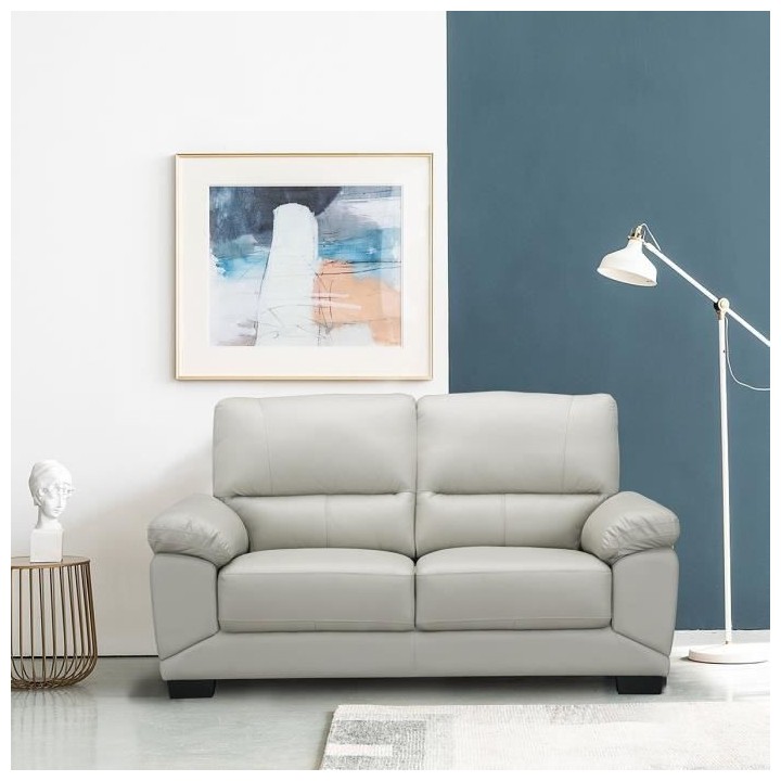 Canapé 2 places - Cuir de vachette et simili gris clair - NEWTON