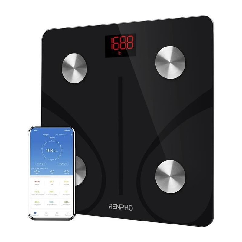 RENPHO OB02720 - Balance Connectée Bluetooth Impédancemetre - 13 indicateurs - Plateforme en verre trempé - Noire