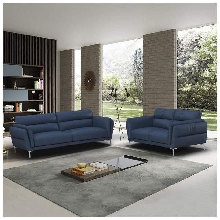 Canapé 2 places fixe et 3 places - Cuir bleu clair - L 170 x P 93 x H