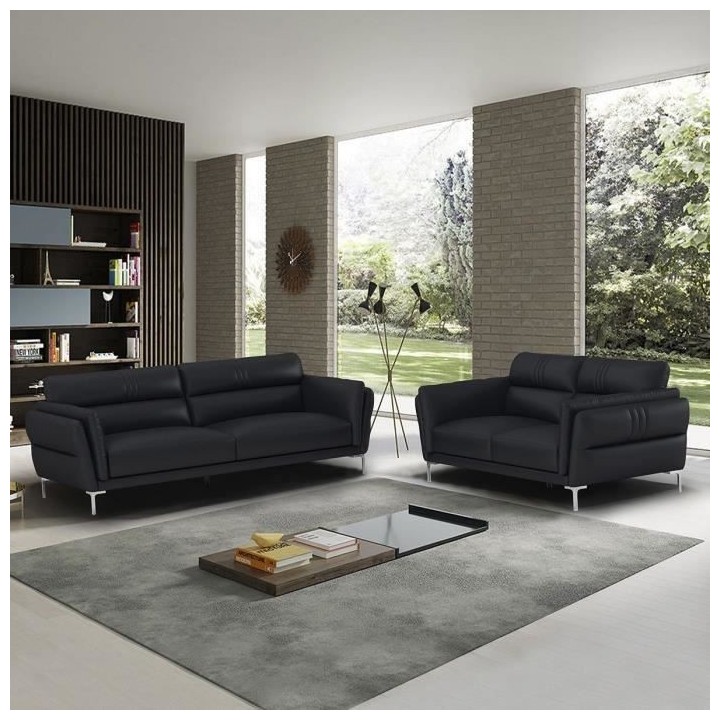 Canapé 2 places fixe et 3 places - Cuir noir - L 170 x P 93 x H 83 cm