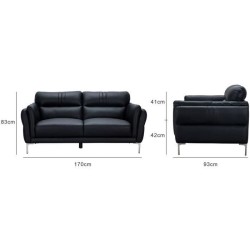 Canapé 2 places fixe et 3 places - Cuir noir - L 170 x P 93 x H 83 cm / L 220 x P 93 x H 83 cm - ORPHEE