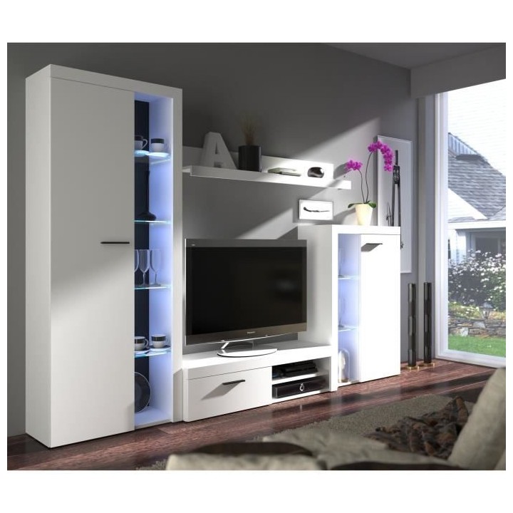 Meuble TV - Contemporain - Panneaux de particules et verre - Blanc mat