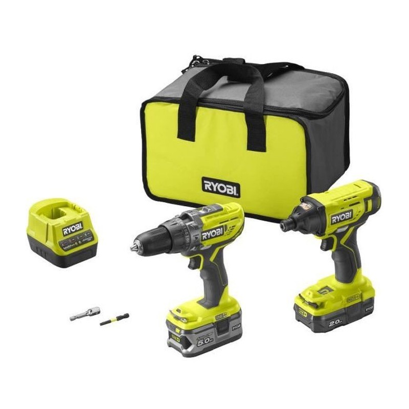 RYOBI One+ Duo perceuse a percussion + visseuse a chocs sans fil 18V - R18PDID2-252S - batteries 2 et 5 Ah - sac de rangement