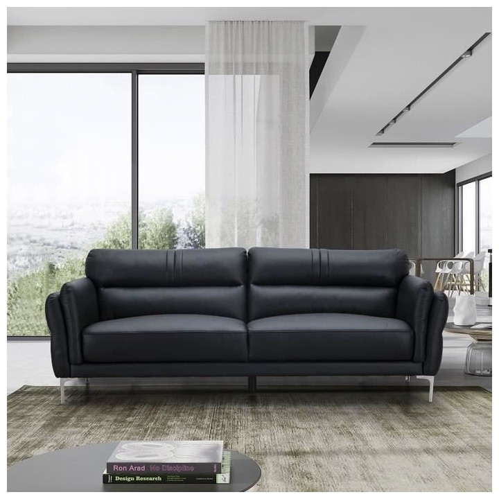 Canapé 3 places ORPHEE - Cuir Noir - L 220 x P 93 x H 83 cm