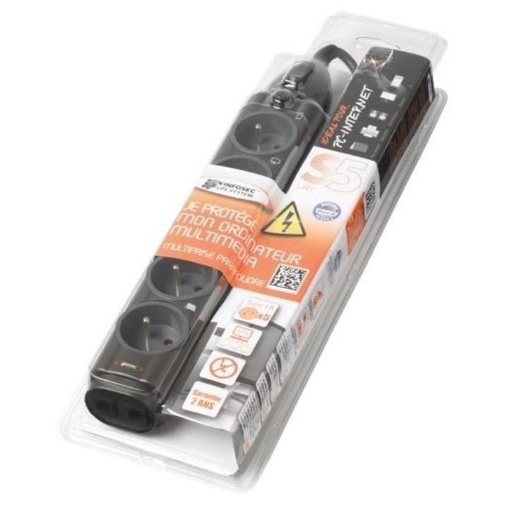 INFOSEC - S5 LAN - Parasurtenseur 5 Prises FR + 2 RJ45 - Garantie 2 an