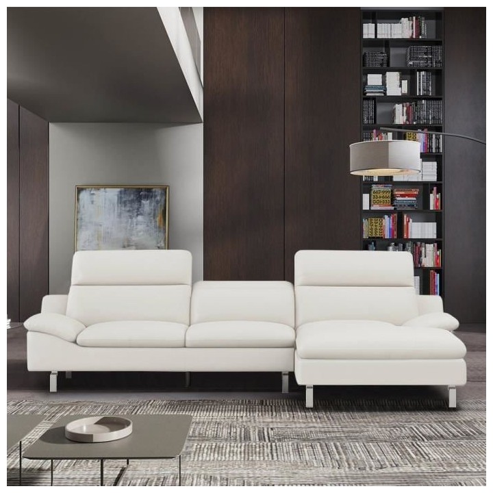 Canapé d'angle gauche fixe - Cuir blanc creme - L 299 x P 170 x H 72