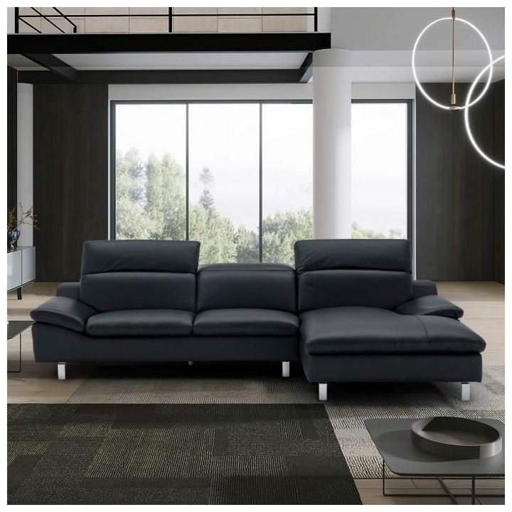 Canapé d'angle droit fixe 3 places RODEO - Cuir Noir - L 299 x P 170