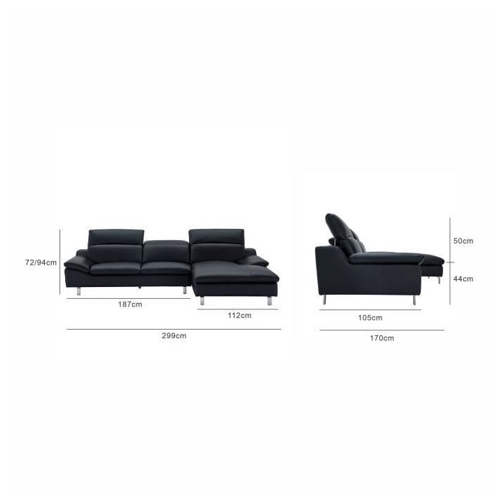 Canapé d'angle droit fixe 3 places RODEO - Cuir Noir - L 299 x P 170