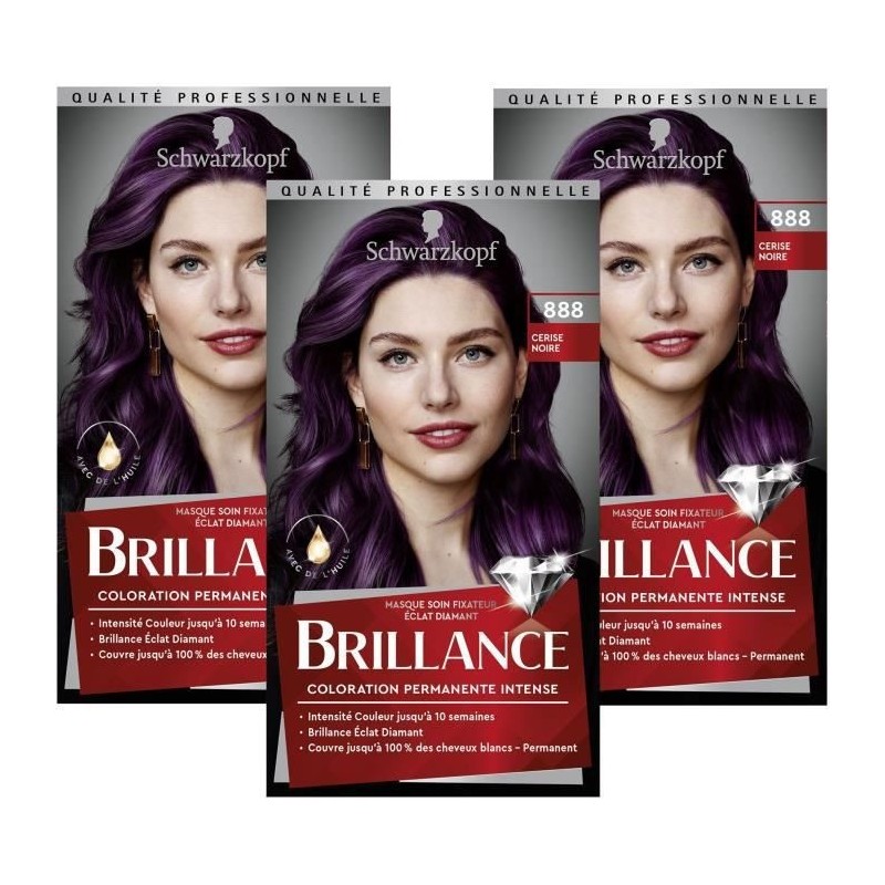 SCHWARZKOPF Brillance - Coloration Cheveux permanente intense - Eclat de Nuit Cerise Noire 888 - Lot de 3