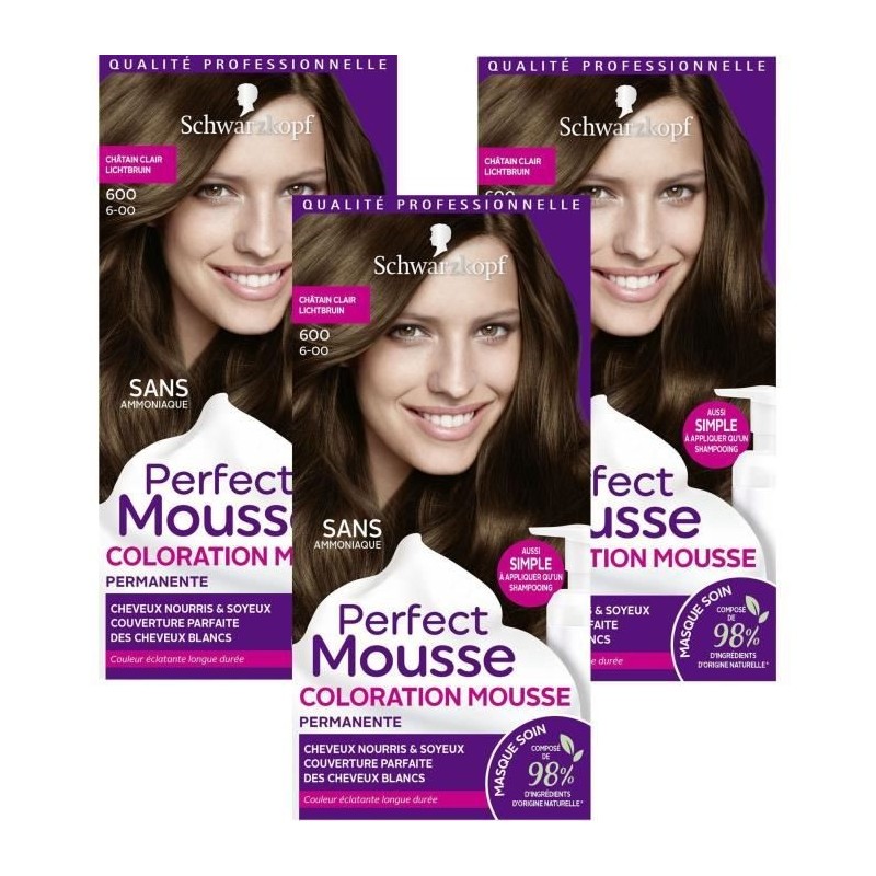 SCHWARZKOPF Perfect Mousse - Coloration Cheveux - Mousse permanente sans Ammoniaque - Châtain Clair 600 - Lot de 3