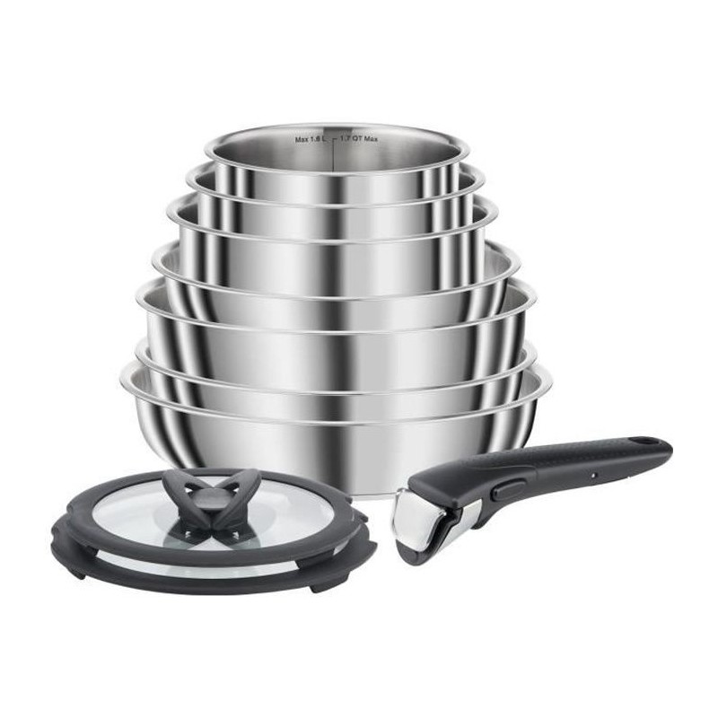 SEB L953SA04 Compact Batterie de cuisine 10 p inox, Induction, 3 poeles, 3 casseroles, 1 sauteuse, Couvercles, Spatules, Poigné