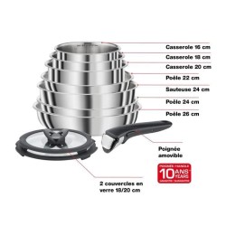 SEB L953SA04 Compact Batterie de cuisine 10 p inox, Induction, 3 poeles, 3 casseroles, 1 sauteuse, Couvercles, Spatules, Poigné