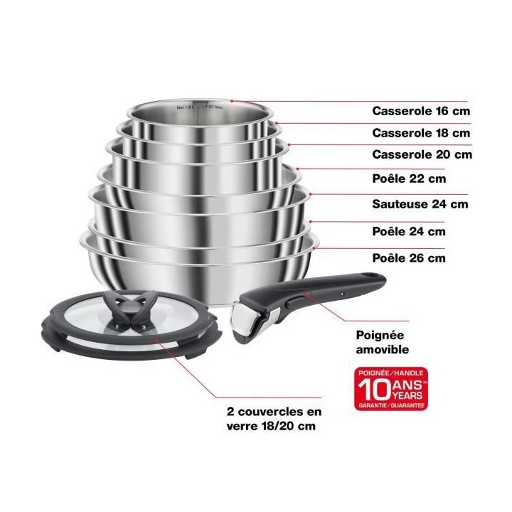 SEB L953SA04 Compact Batterie de cuisine 10 p inox, Induction, 3 poele