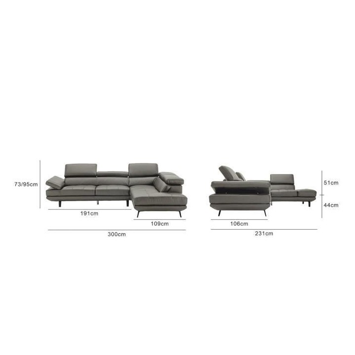 Canapé d'angle droit fixe - Cuir gris - L 300 x P 231 x H 73 cm - STO