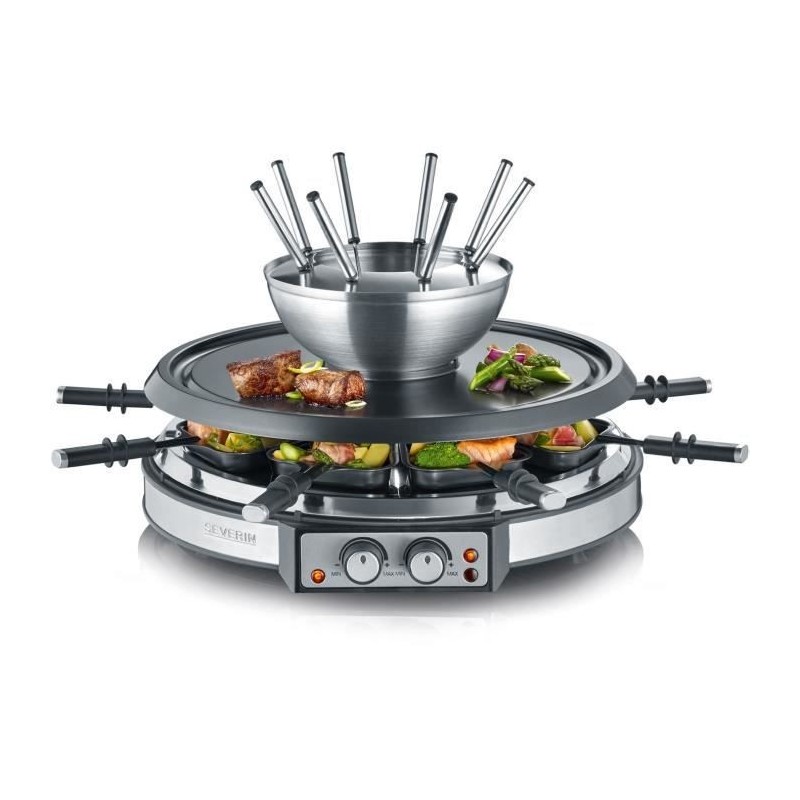 SEVERIN RG2348 - Combiné 2 en 1 Raclette et Fondue 8 personnes - 1900W - 8 fourchettes a fondue et 8 spatules - Cuve Inox