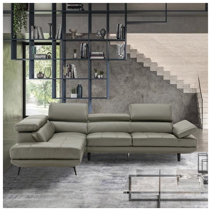 Canapé d'angle gauche fixe - Cuir gris - L 300 x P 231 x H 73 cm - ST