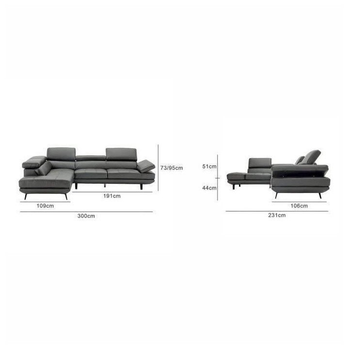 Canapé d'angle gauche fixe - Cuir gris - L 300 x P 231 x H 73 cm - ST