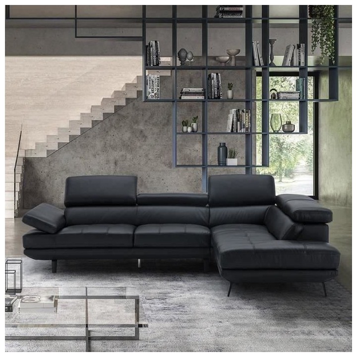 Canapé d'angle droit fixe - Cuir noir - L 300 x P 231 x H 73 cm - STO