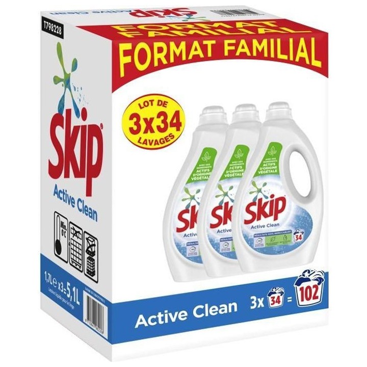 [LOT DE 3] SKIP Format Familial Active Clean - 3x34 Lavages soit 102 l