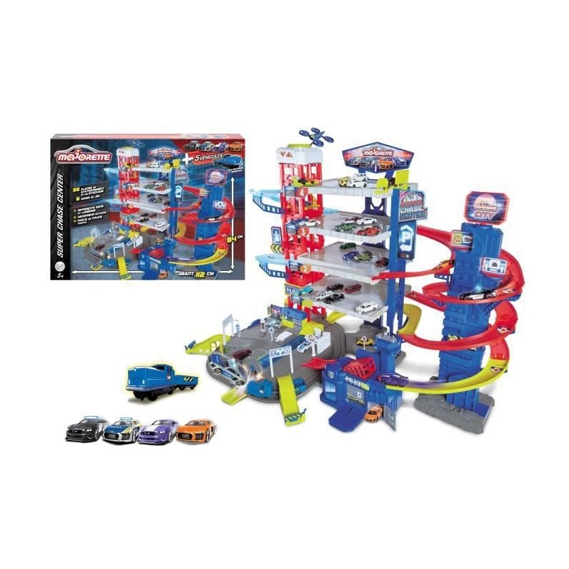 MAJORETTE - Super Chase Center - Garage pour voitures miniatures + 4 voitures + 1 train - 112 x70 x 84 cm