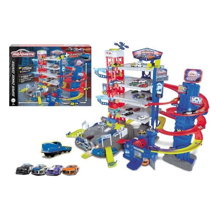 MAJORETTE - Super Chase Center - Garage pour voitures miniatures + 4 v