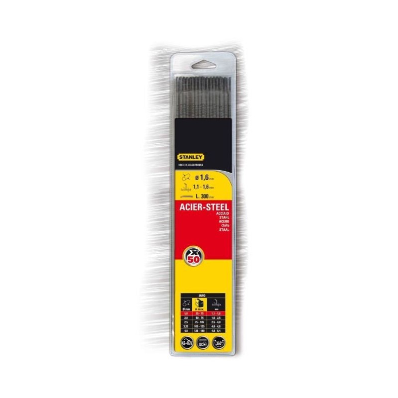 STANLEY 460816 Lot de 50 électrodes rutiles acier - Ø 1,6 mm - L 300 mm - Baguettes de soudure