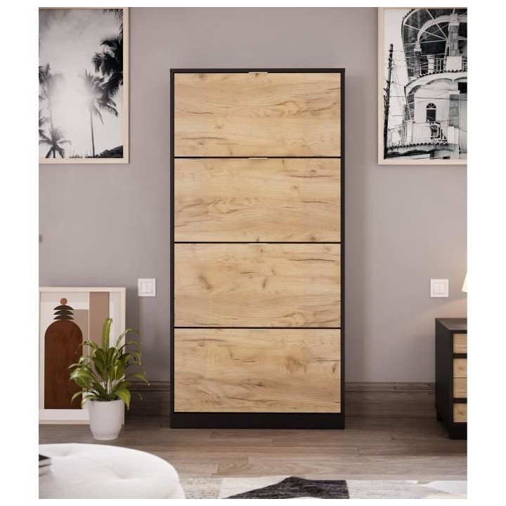 Meuble a chaussures - 4 portes - Chene noir - 75x24x154 cm - Leona