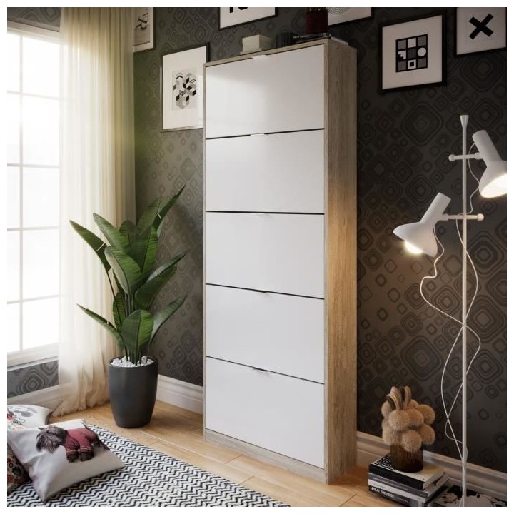 Meuble a chaussures - 5 Portes - Chene et blanc - 75x24x190 cm - Leona