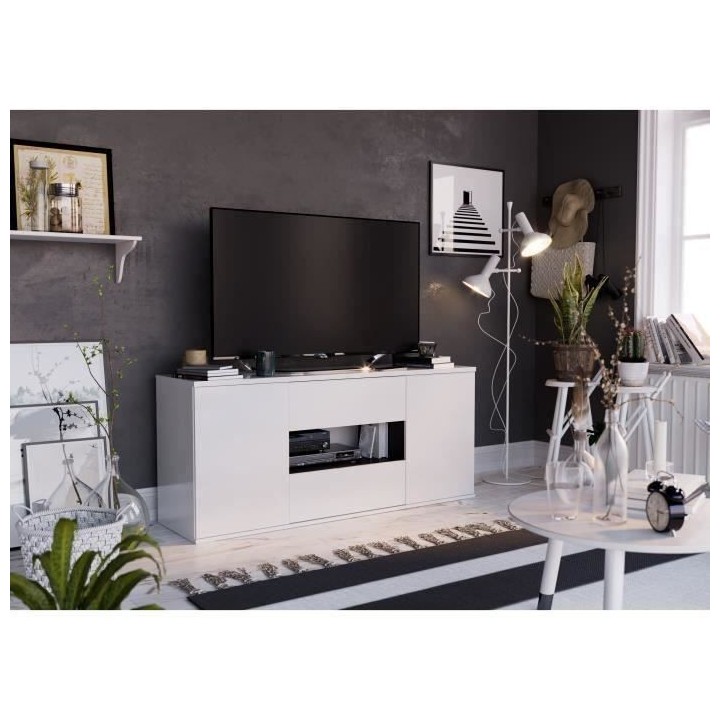 STAR Meuble TV 2 portes 2 tiroirs - Blanc brillant et gris - L 150 x P