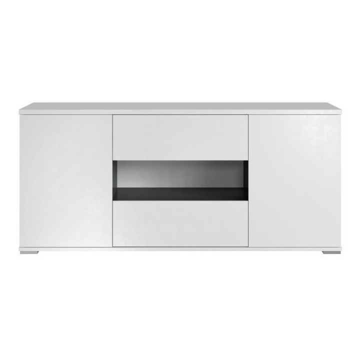 STAR Meuble TV 2 portes 2 tiroirs - Blanc brillant et gris - L 150 x P