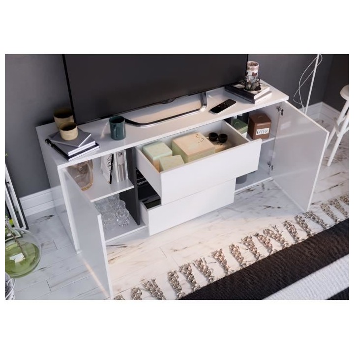 STAR Meuble TV 2 portes 2 tiroirs - Blanc brillant et gris - L 150 x P