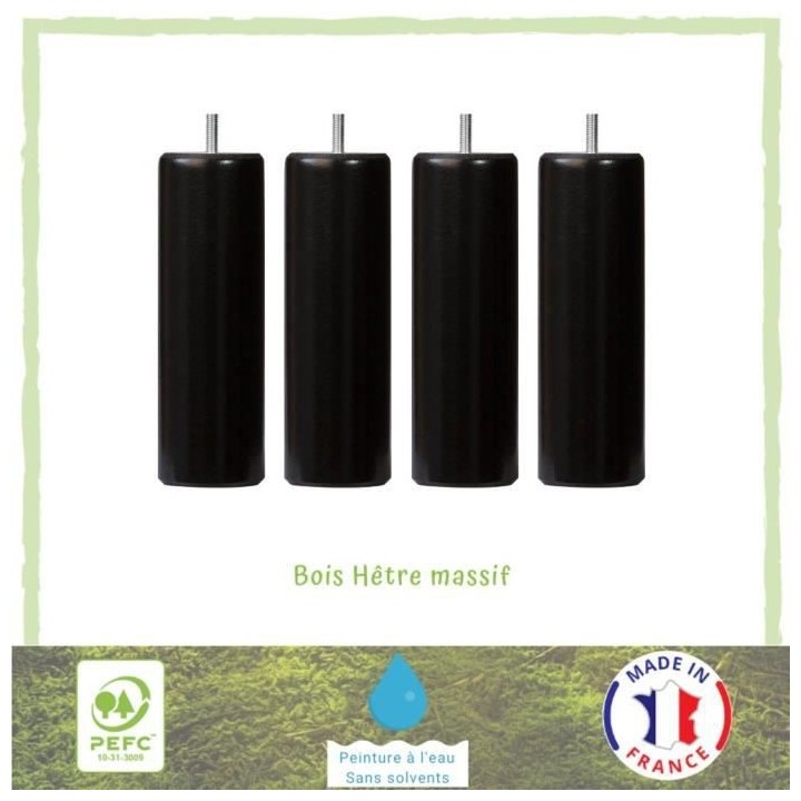 Jeu de pieds cylindriques Ø 6,2 cm H 19 cm Noir - Lot de 4