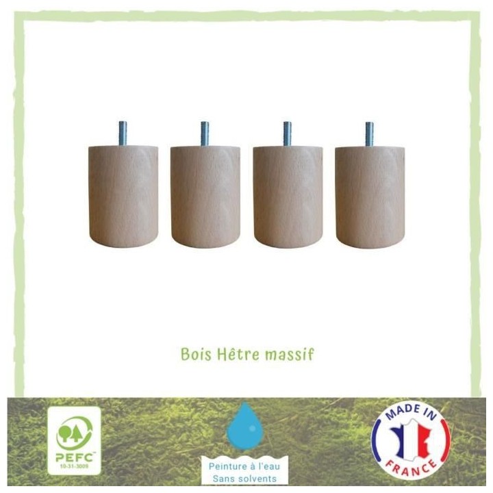 Jeu de pieds cylindriques en bois Ø 7 cm - H 8,5 cm - Lot de 4