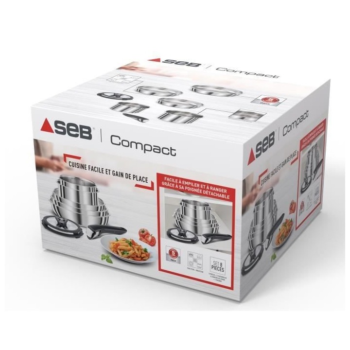 SEB L953S804 COMPACT Batterie de cuisine 8 pieces inox, Poeles, Casser