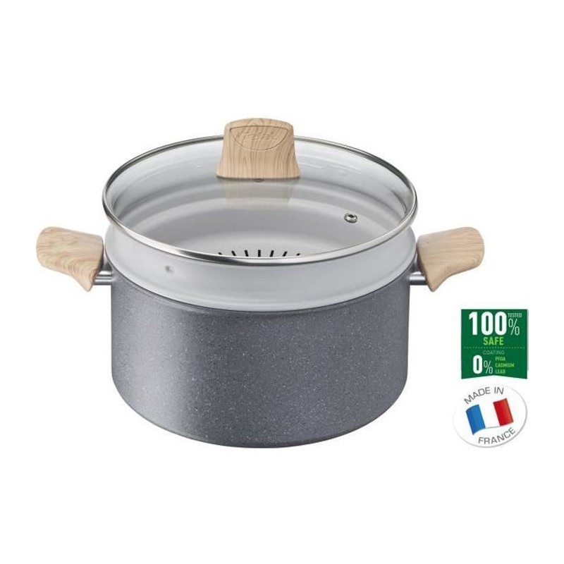 TEFAL G2669002 Natural Force Faitout Detox 24 cm + Couv + Panier vapeur, Antiadhésif, Thermo-Signal™, Induction, Fabriqué en