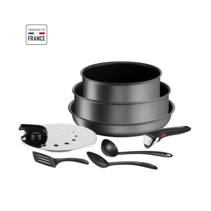 TEFAL L7619002 Ingenio Daily Chef Gris foncé Lot 8 pieces, 1 poele 26cm, 1 casserole 20 cm, 1 sauteuse 24 cm, 1 couvercle 20-26