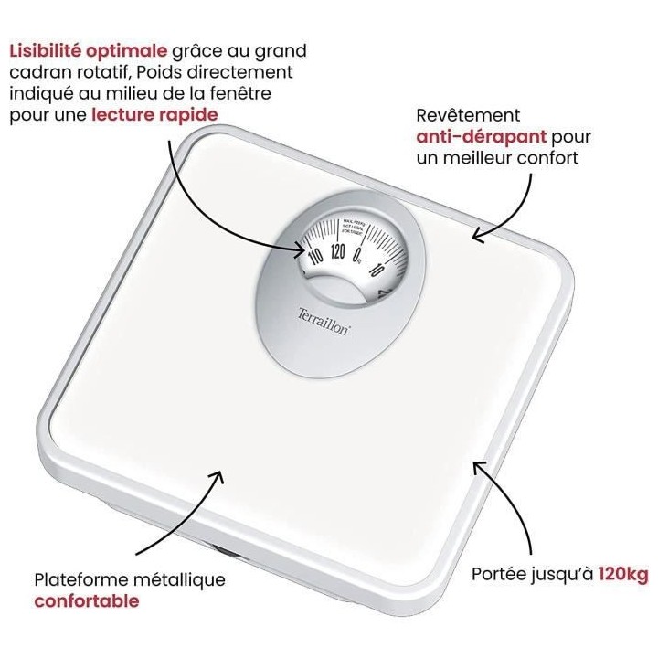 Pese-personne mécanique - TERRAILLON - T61 White - Capacité 120 kg -