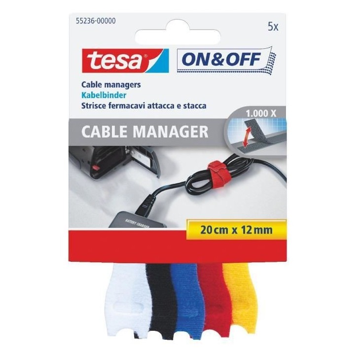 TESA Attache Câble - 0,2 m x 12 mm - 5 couleurs - 5 pieces