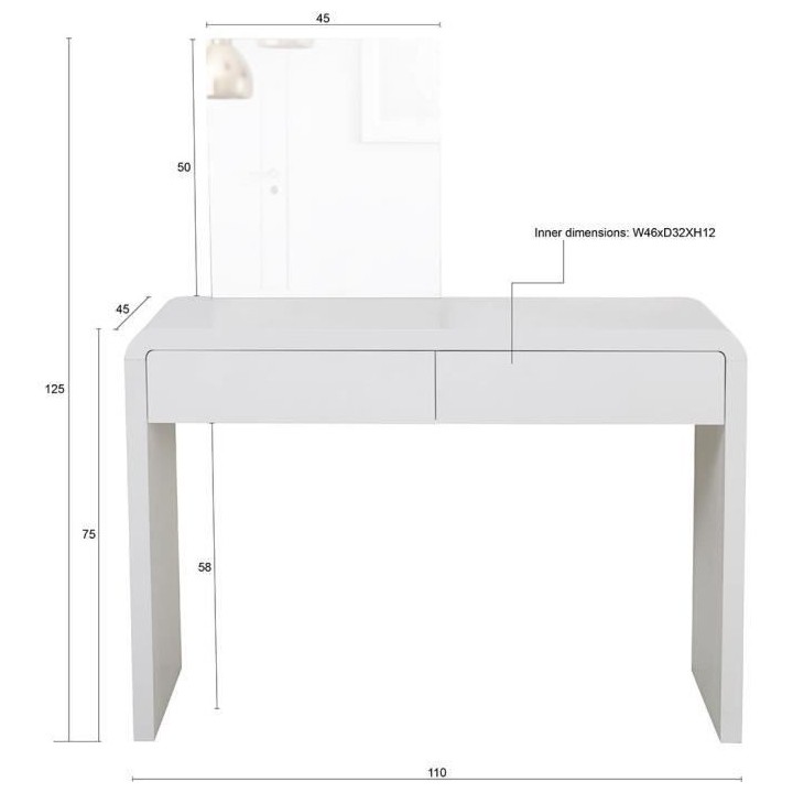 Coiffeuse 2 tiroirs avec miroir - L 110 x P 45 x H 75 cm - BEATRICE