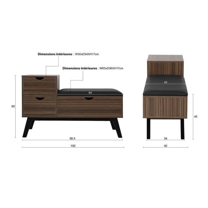 Meuble a chaussure avec coussin et 3 tiroirs - L 100 x P 40 x H 60 cm