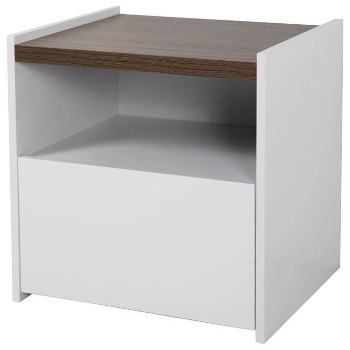 Chevet 1 tiroir LED - Décor blanc - L 48 x P 48 x H 40 cm SNOW
