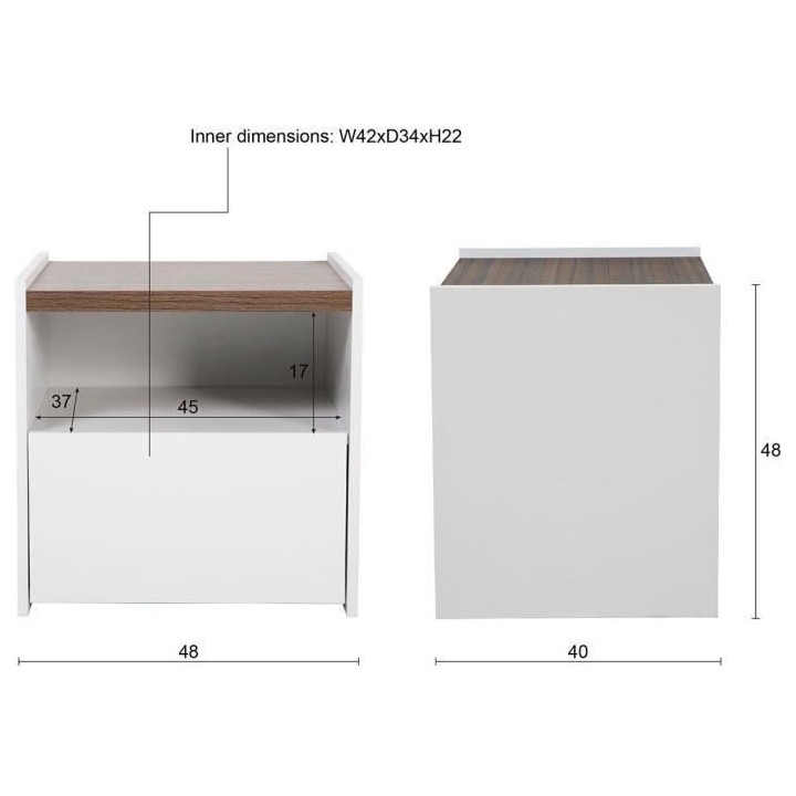 Chevet 1 tiroir LED - Décor blanc - L 48 x P 48 x H 40 cm SNOW