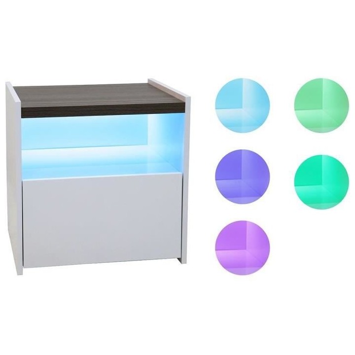 Chevet 1 tiroir LED - Décor blanc - L 48 x P 48 x H 40 cm SNOW
